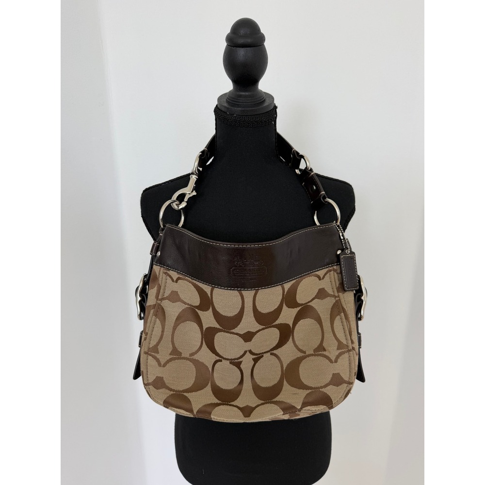 Coach Signature Jacquard Brown Leather Trim Hobo Shoulder Bag Monogram Canvas - Picture 15 of 16